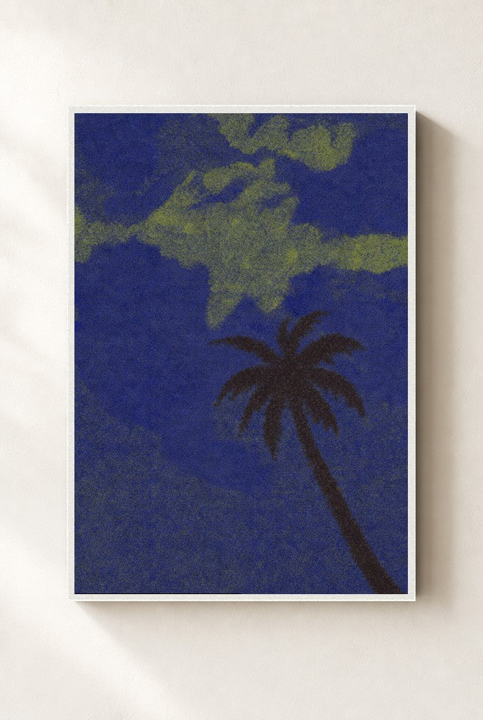 Lone Palm, Midnight print, mounted in a white wood frame on a cream wall.