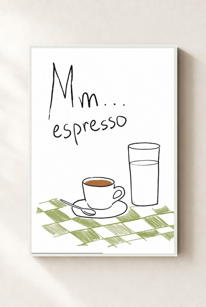 Mm Espresso print, mounted in a white wood frame on a cream wall.