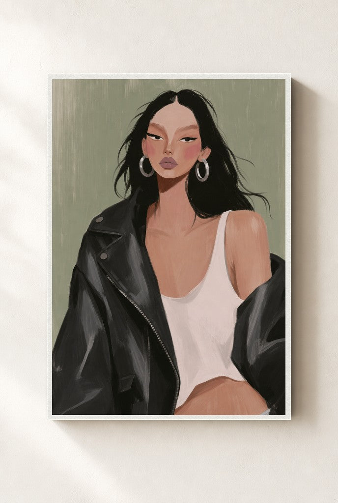 Leather Jacket, Sage print, mounted in a white wood frame on a cream wall.