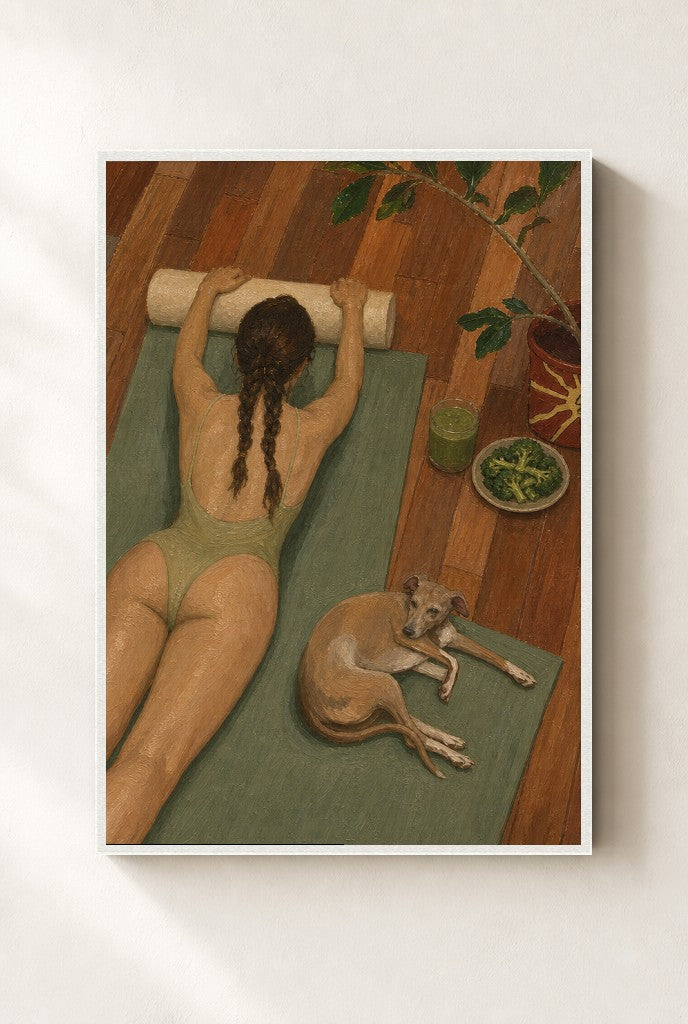 Reformer, Greyhound print, mounted in a white wood frame on a cream wall.
