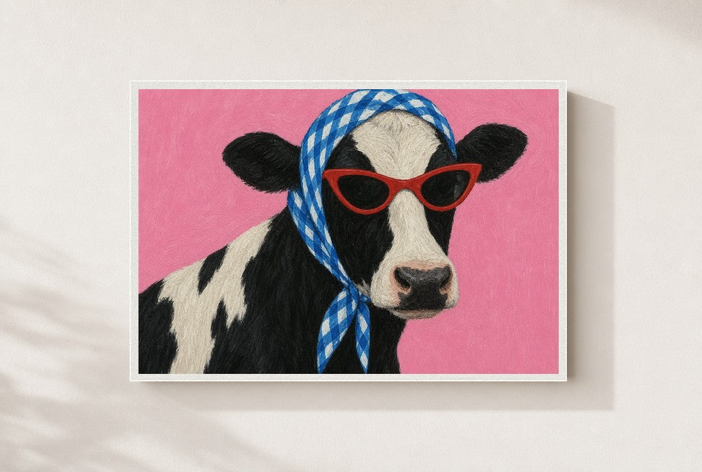 Gingham and Cat-Eyes print, mounted in a white wood frame on a cream wall.