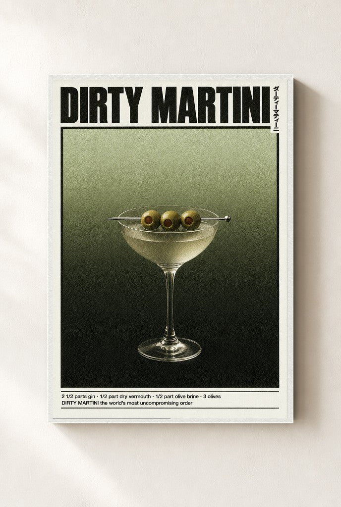 Dirty Martini print, mounted in a white wood frame on a cream wall.