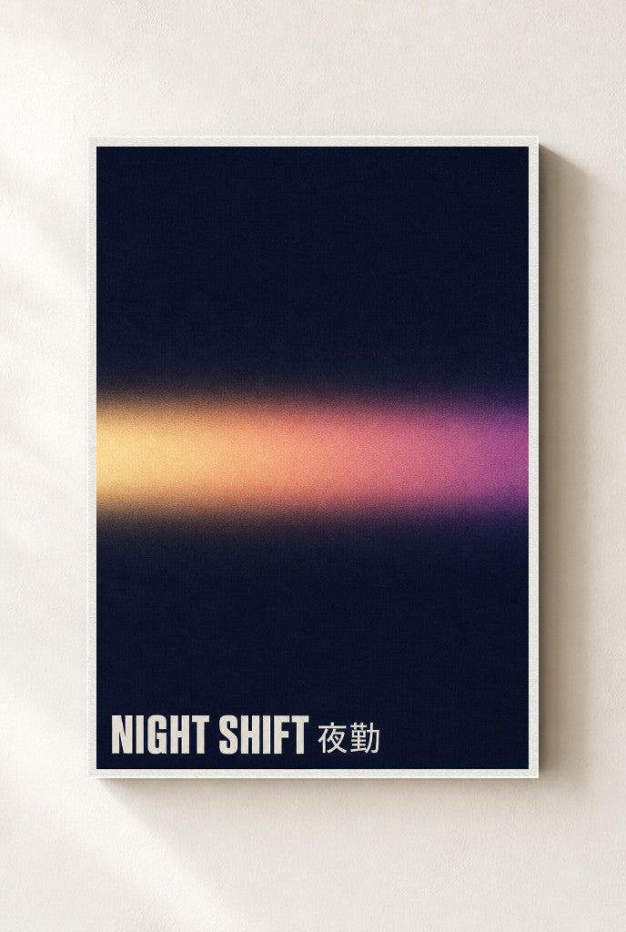 Night Shift print, mounted in a white wood frame on a cream wall.