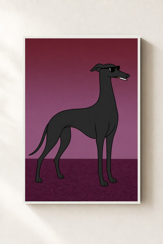 Greyhound, Smoking print, mounted in a white wood frame on a cream wall.