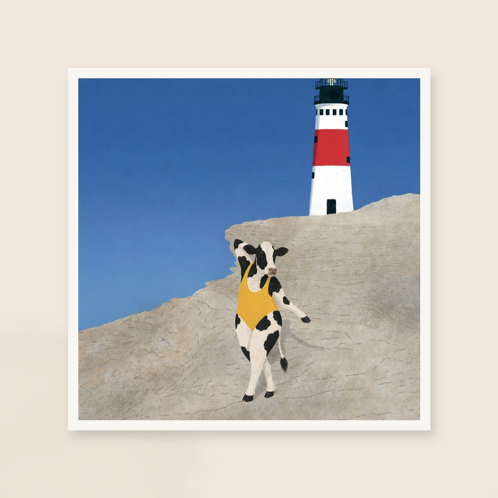 Yellow at the Lighthouse print, mounted in a white wood frame on a cream wall.