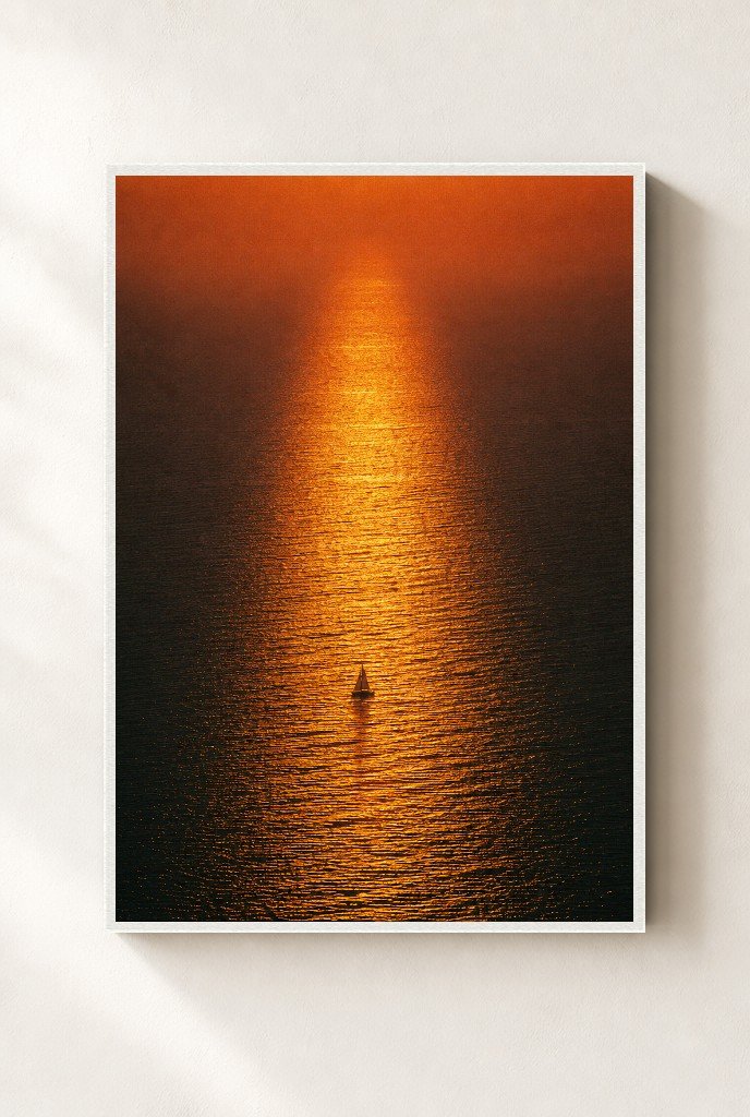 Lone Sail, Molten Sea, framed, white