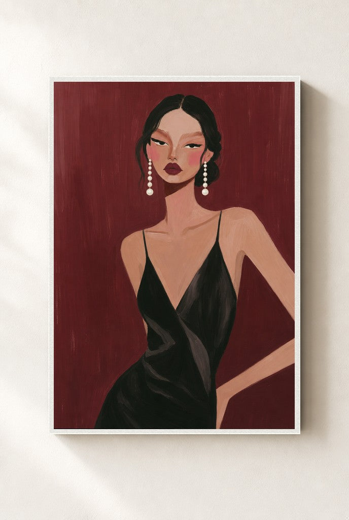 Slip Dress, Oxblood print, mounted in a white wood frame on a cream wall.