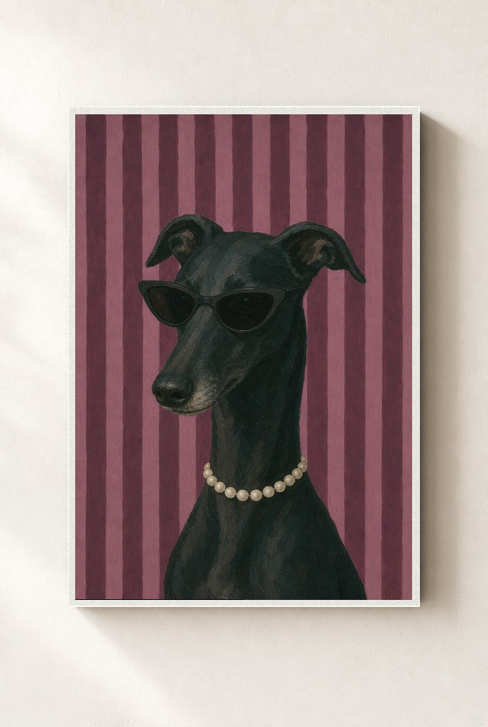 Greyhound, Pearls print, mounted in a white wood frame on a cream wall.