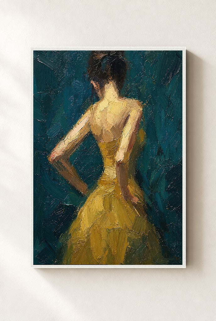 Gold Dress, Teal, framed close-up, white
