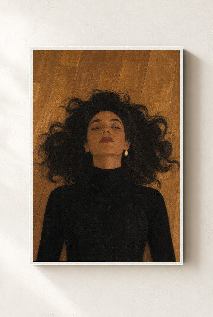 Hair on Floor print, mounted in a white wood frame on a cream wall.