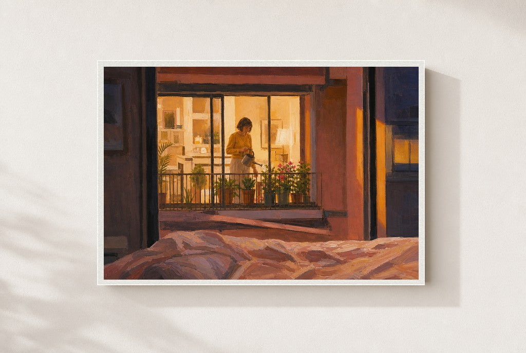 From the Bed, She Waters, framed close-up, white