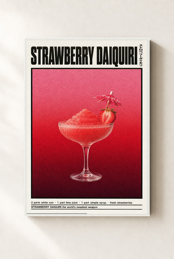 Strawberry Daiquiri print, mounted in a white wood frame on a cream wall.