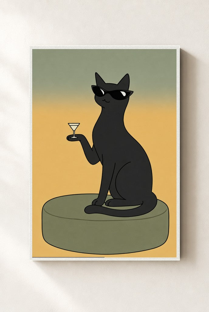 Cat, Martini, Sunglasses print, mounted in a white wood frame on a cream wall.