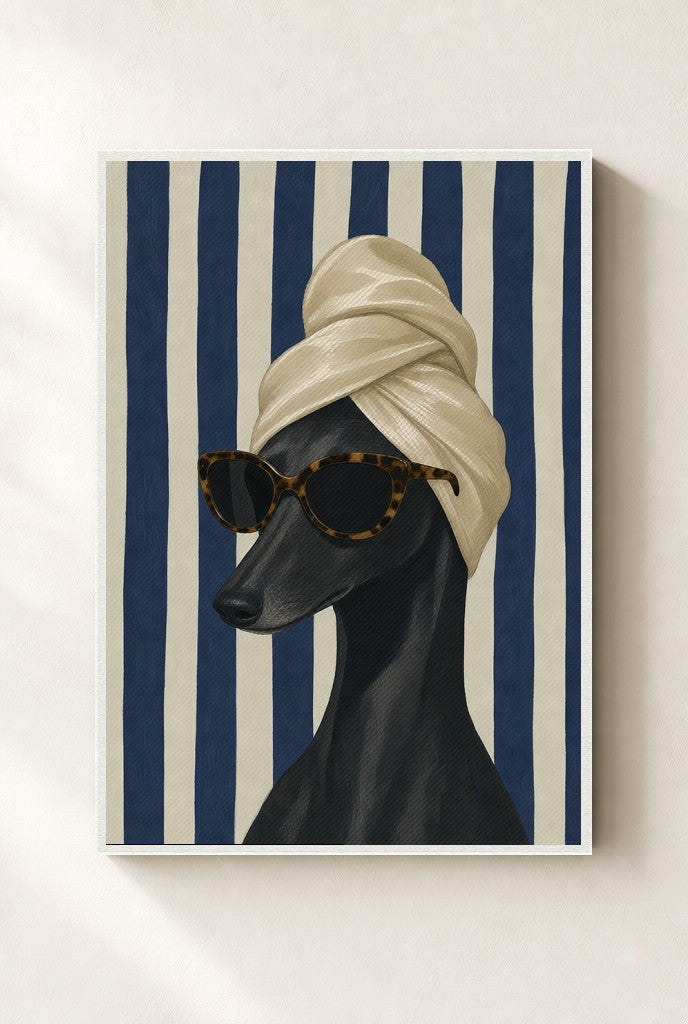 Greyhound, Hair Towel print, mounted in a white wood frame on a cream wall.