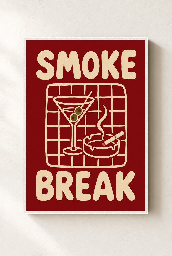 Smoke Break print, mounted in a white wood frame on a cream wall.