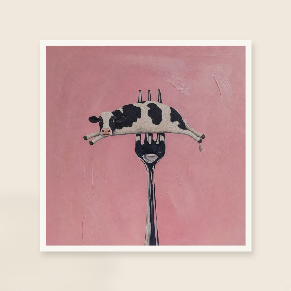 On a Fork, Deadpan print, mounted in a white wood frame on a cream wall.