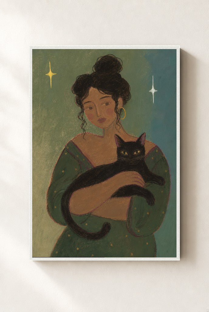The Femme and Her Familiar, framed close-up, white
