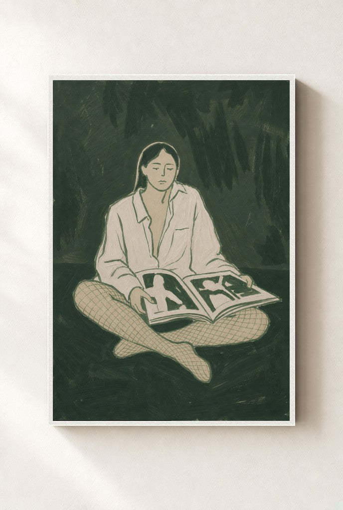 Fishnets, Magazine print, mounted in a white wood frame on a cream wall.