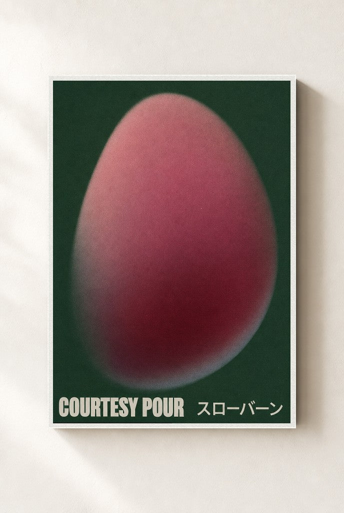 Courtesy Pour, Capsule print, mounted in a white wood frame on a cream wall.
