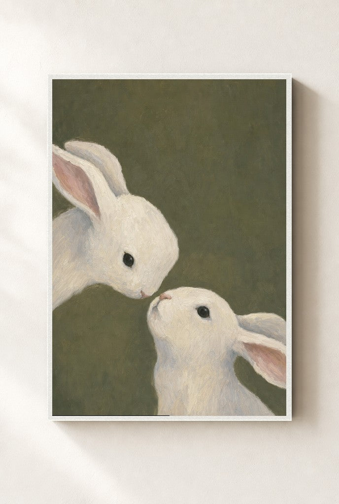 Two Rabbits, Olive print, mounted in a white wood frame on a cream wall.