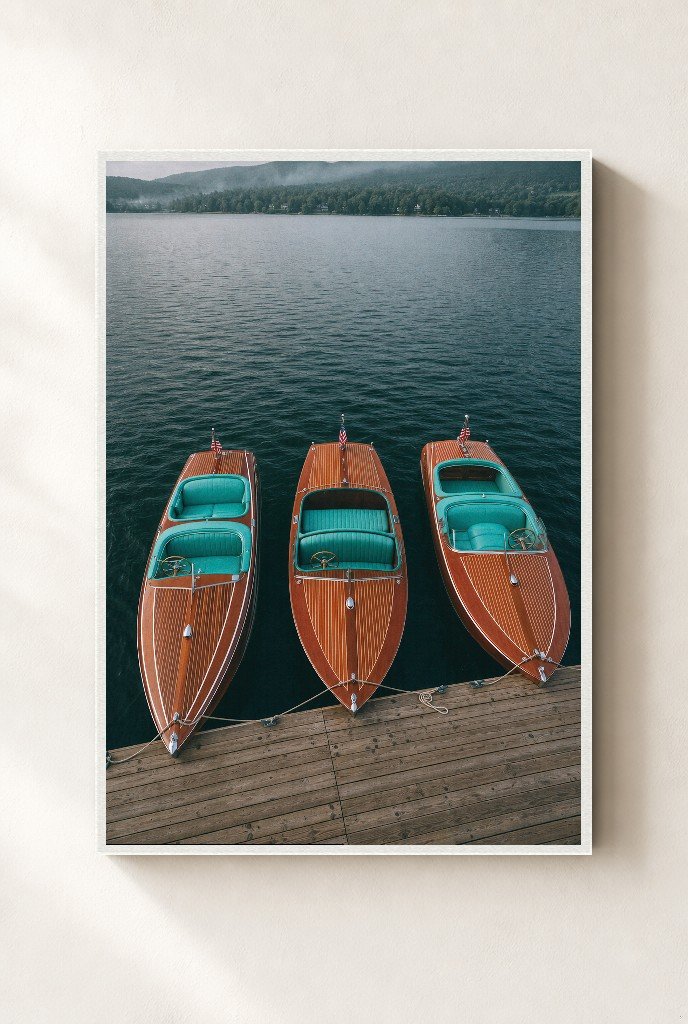 Three at the Dock, framed, white