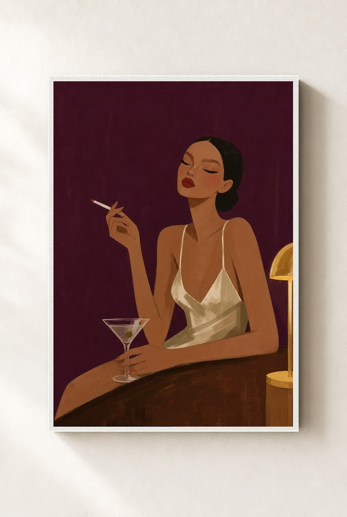 Slip Dress, Plum print, mounted in a white wood frame on a cream wall.