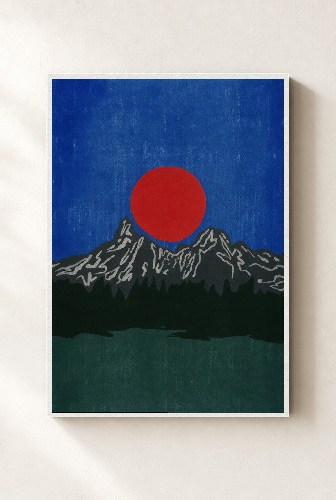 Red Sun, Charcoal Range print, mounted in a white wood frame on a cream wall.