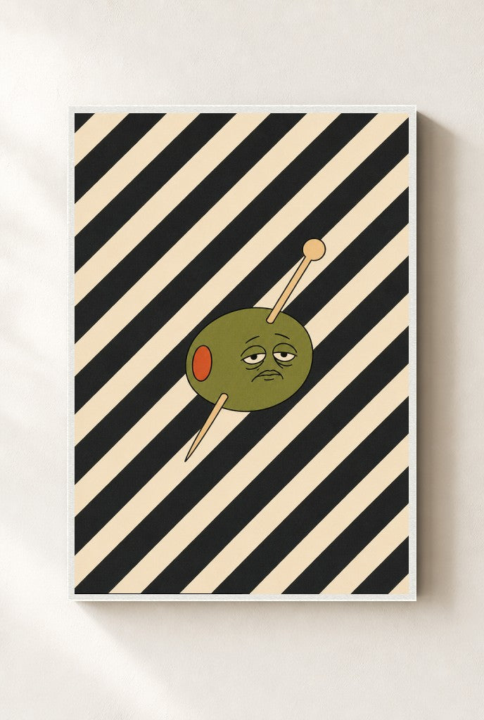 Olive on Stripes print, mounted in a white wood frame on a cream wall.
