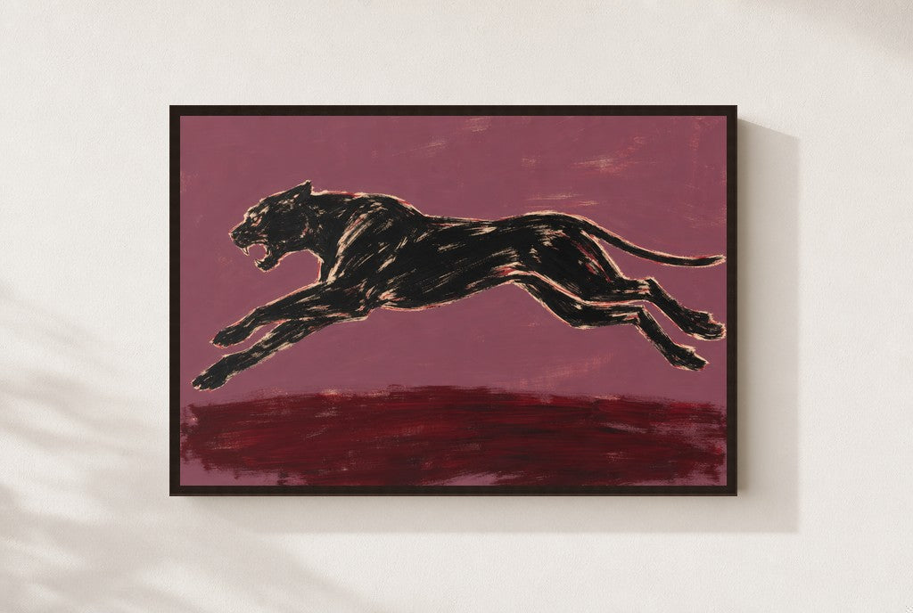 Black Panther, Plum print, mounted in a walnut wood frame on a cream wall.