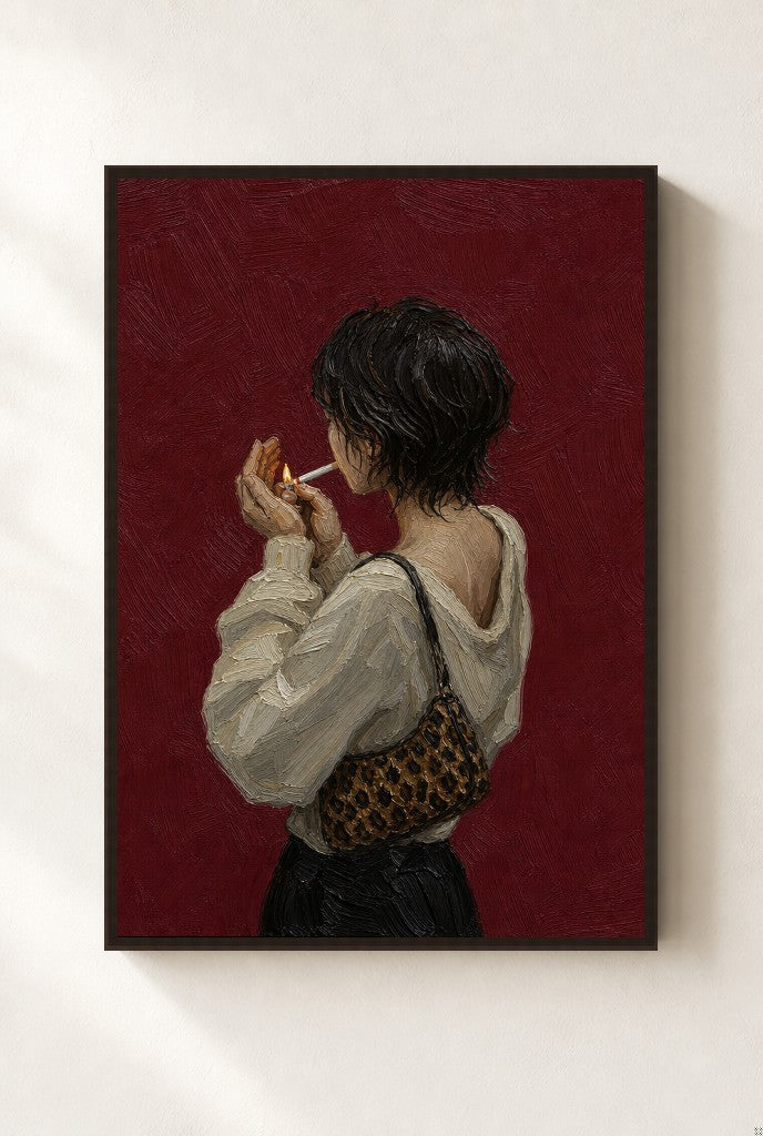 Lighting Up, Leopard Bag print, mounted in a walnut wood frame on a cream wall.