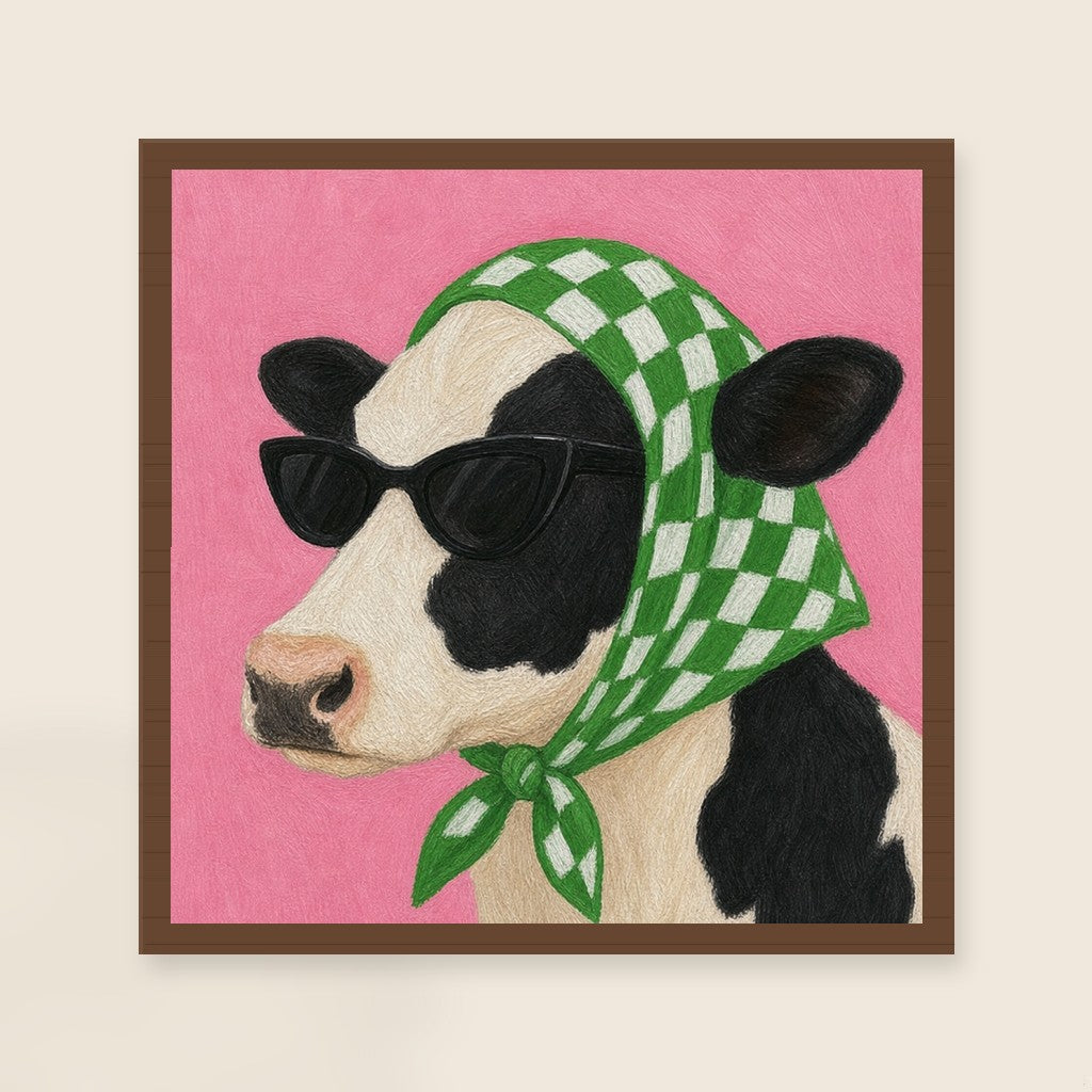 Off-Duty print, mounted in a walnut wood frame on a cream wall.