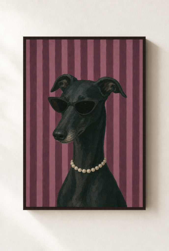 Greyhound, Pearls print, mounted in a walnut wood frame on a cream wall.