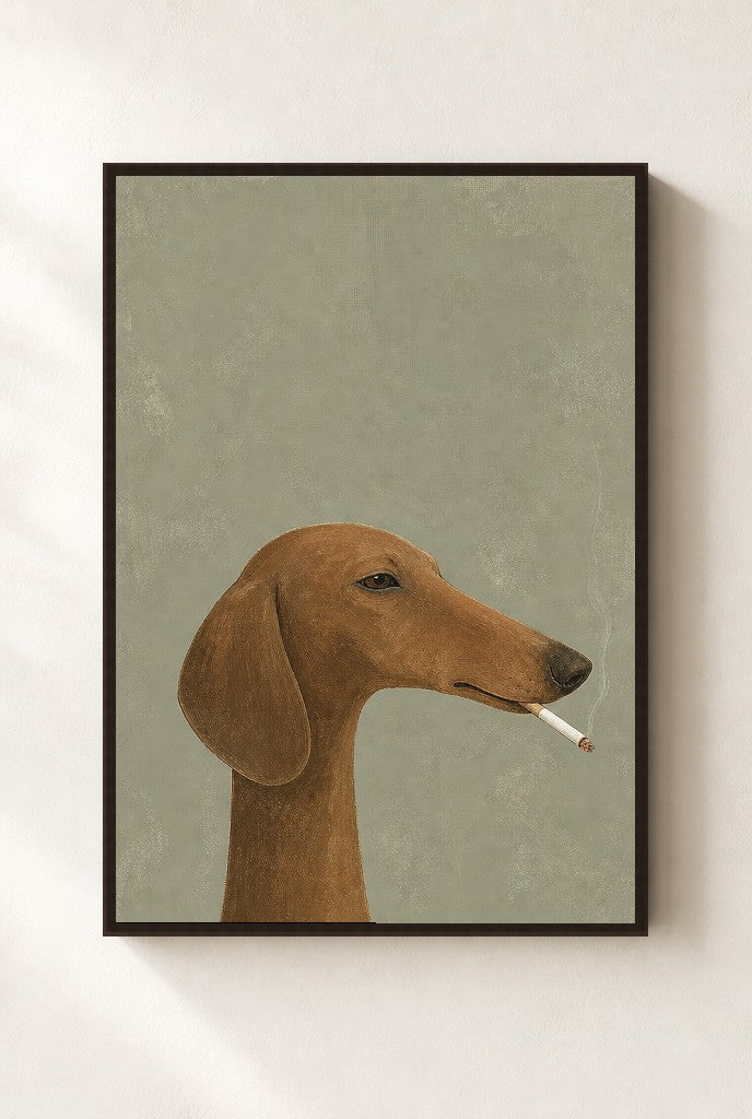Whippet, Cigarette print, mounted in a walnut wood frame on a cream wall.