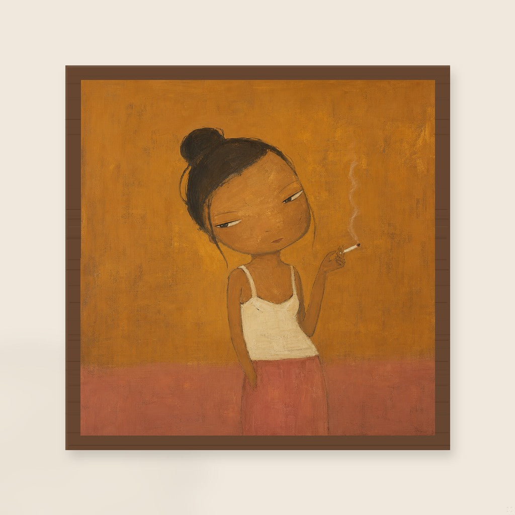 Smoke Break, Ochre, framed close-up, walnut