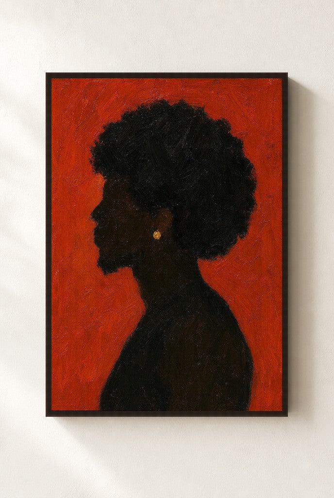 Dark Afro, Burnt Orange, framed close-up, walnut