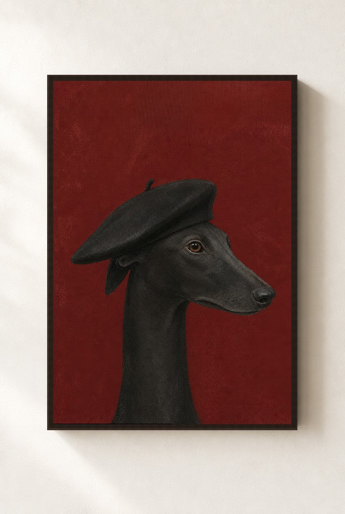Greyhound, Black Beret print, mounted in a walnut wood frame on a cream wall.