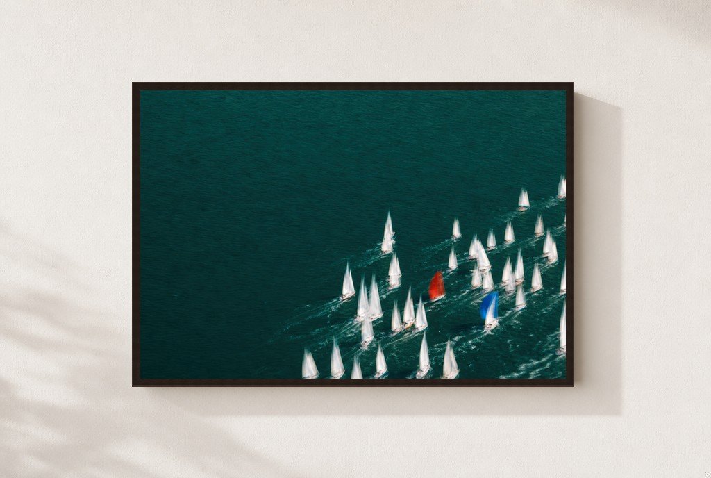 One Red Sail, framed, walnut
