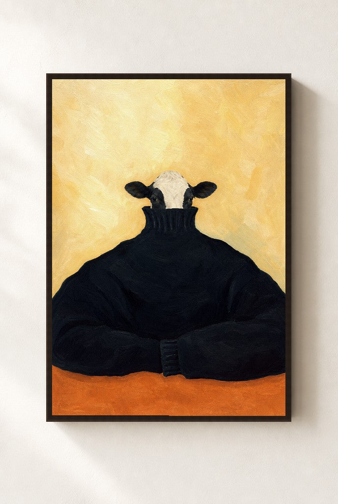 Sunday Turtleneck print, mounted in a walnut wood frame on a cream wall.