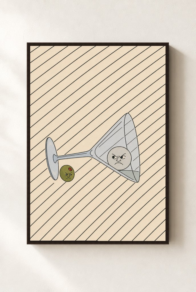 Tipped Martini, Olive print, mounted in a walnut wood frame on a cream wall.