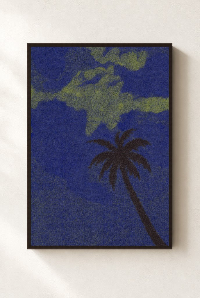 Lone Palm, Midnight print, mounted in a walnut wood frame on a cream wall.