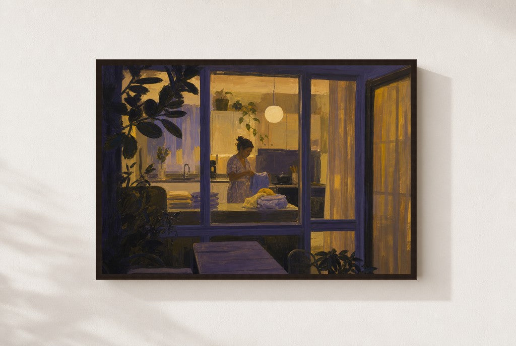 Late Laundry, framed close-up, walnut
