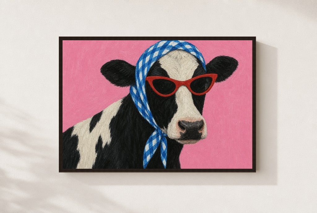 Gingham and Cat-Eyes print, mounted in a walnut wood frame on a cream wall.