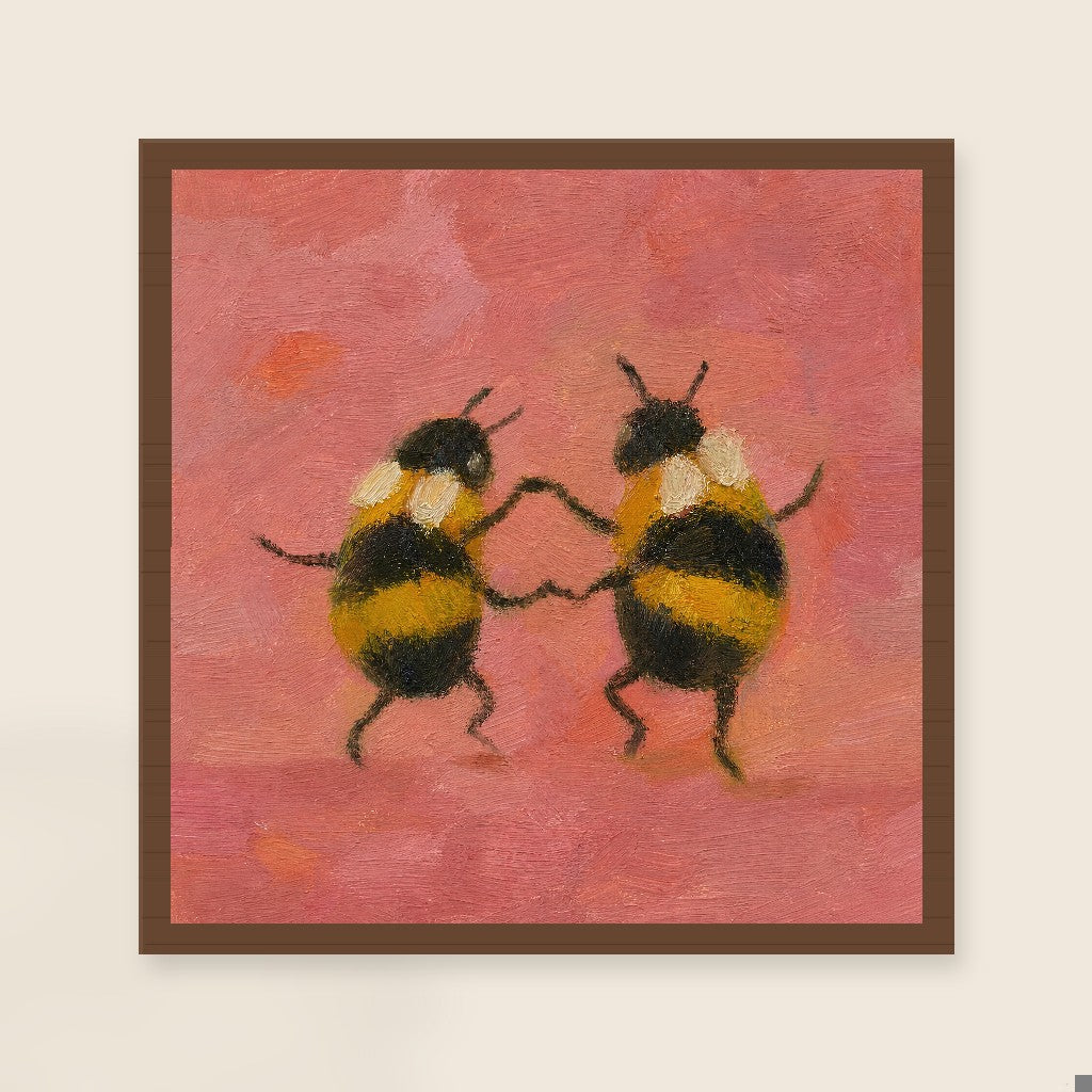 Two Bees, framed close-up, walnut