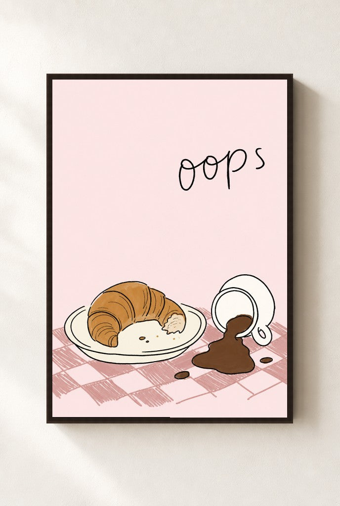 Oops, Croissant print, mounted in a walnut wood frame on a cream wall.