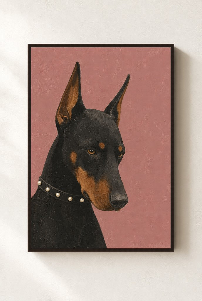 Doberman, Pearls print, mounted in a walnut wood frame on a cream wall.