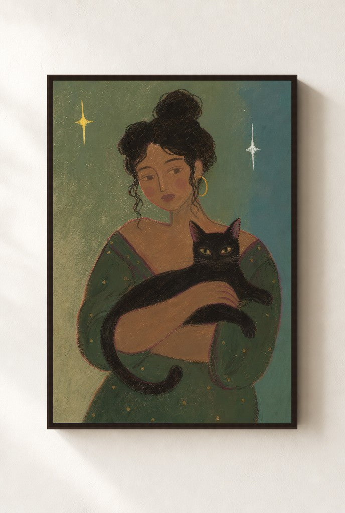 The Femme and Her Familiar, framed close-up, walnut