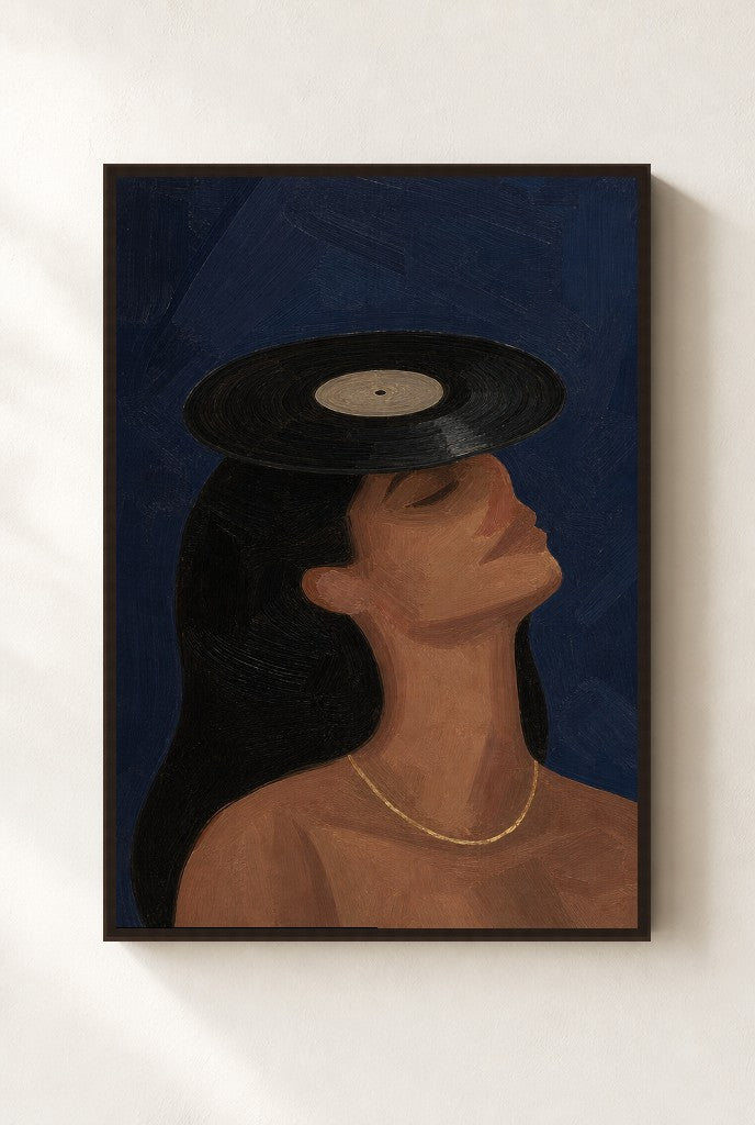 Vinyl on Her Head print, mounted in a walnut wood frame on a cream wall.