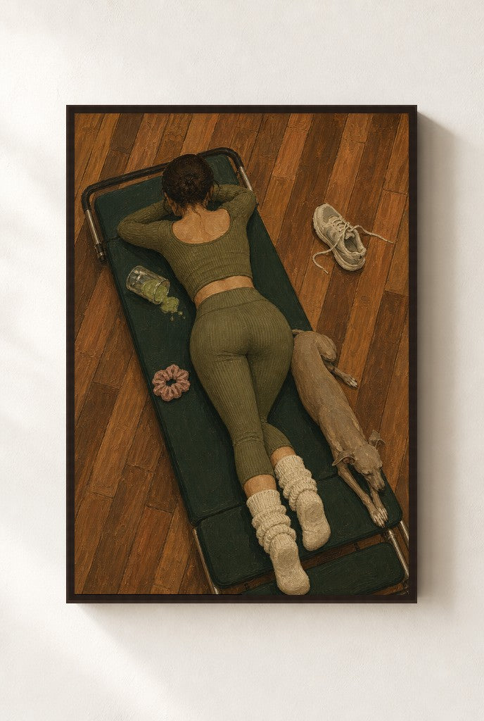Pilates Mat, Greyhound print, mounted in a walnut wood frame on a cream wall.