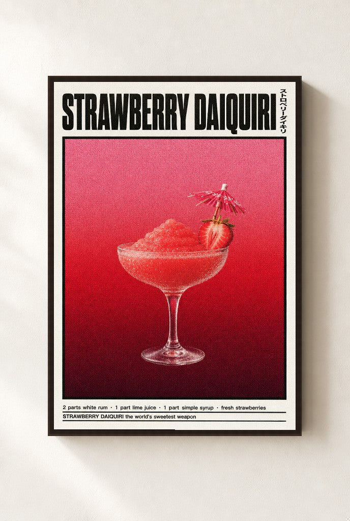 Strawberry Daiquiri print, mounted in a walnut wood frame on a cream wall.