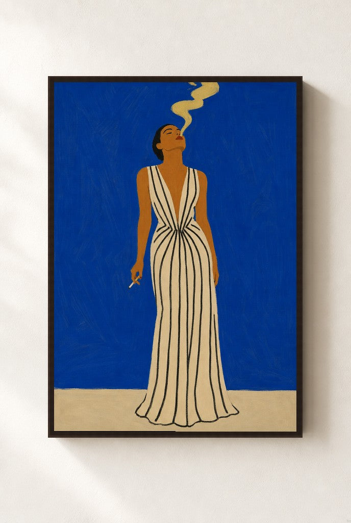 Striped Gown, Cobalt print, mounted in a walnut wood frame on a cream wall.